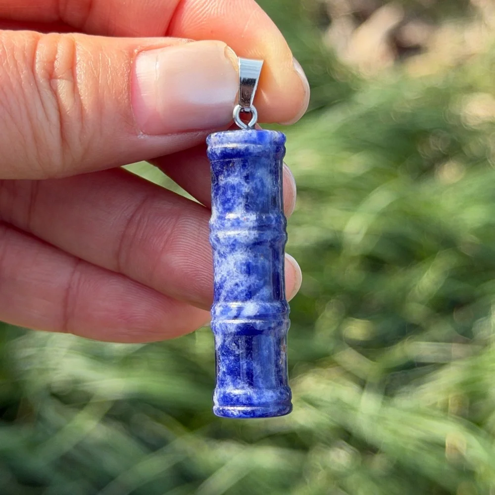 Stainless steel blue sodalite bamboo pendant 1018‎